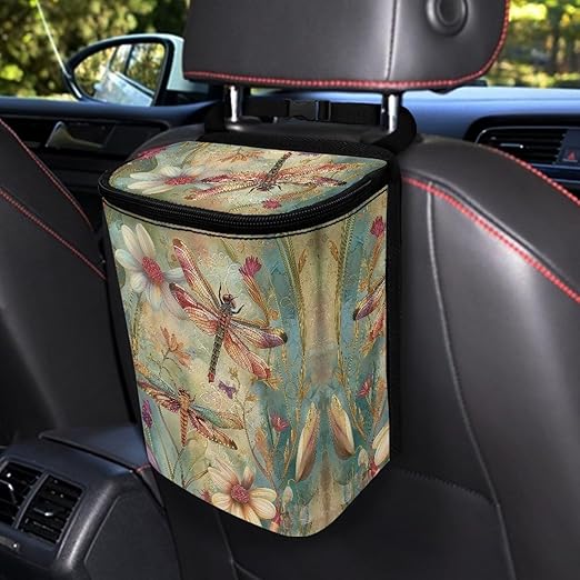 DISNIMO Dragonfly Car Trash Can, Car Trash Bag Hanging Large Capacity Car Organizer and Storage with Adjustable Straps, Leakproof Trash Bin Interior Car Stuff Storage