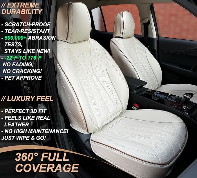 PINCTROT Car Seat Covers Front Set, Breathable Soft Pebbled Leather, Luxury Waterproof Seat Cushion, Airbag Compatible, Seat Protector Universal Fit Most Cars (Front Set, Beige Brown Piping)