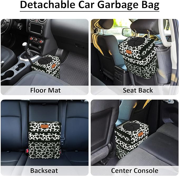 ELONGRIVER Car Trash Can Bin for Back Seat Leak Proof, Cute Car Trash Bag Hanging, Vehicle Trash Can for SUV Truck Van, Automotive Garbage Cans Front Seat Cow Print, 2 Gallons
