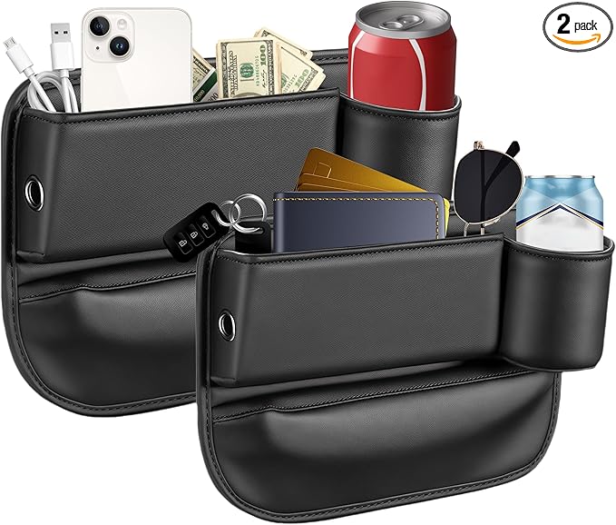 AIUSLN 2026 Upgraded 2 PC (L+R) Premium Leather Car Seat Gap Filler Organizer with Cup Holder & Storage Slot/Bag– Fits Front Seat, Holds Phone, Glasses, Cards,Keys,Car/SUV/Truck Christmas Gifts