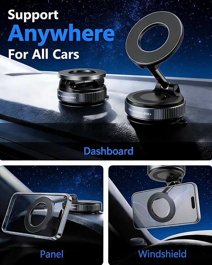 Vacuum Magnetic Phone Holder for Car,2800gf Strong Magnetic Phone Mount,360° Adjustable & Reinforced Suction Cup for Dashboard/Mirror,Car Phone Holder Compatible with iPhone Androi（Deep Black）