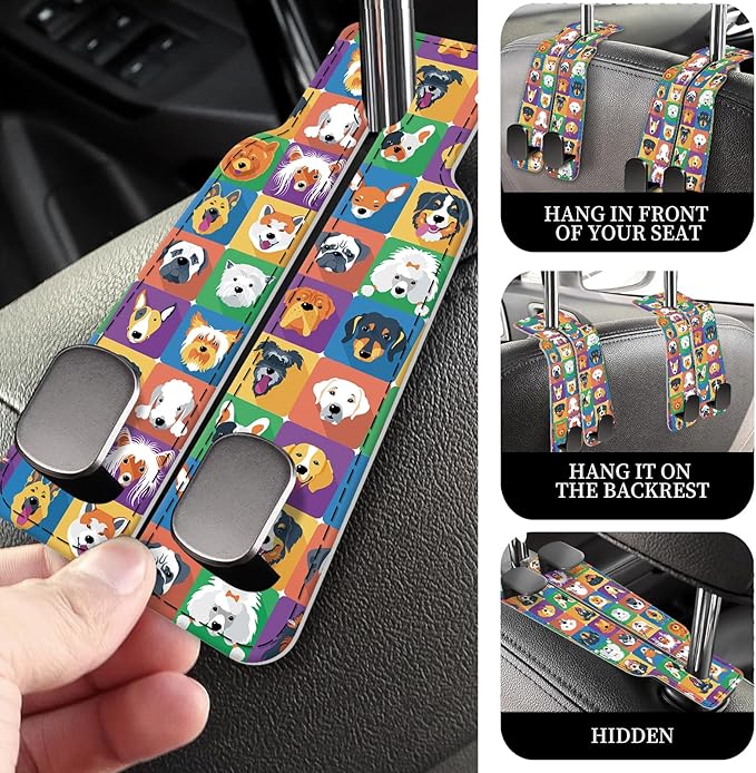AXRQLSU PU Leather Car Seat Hook, Storage Headrest Hanger, Cute Car Backseat Organizer, Car Hooks for Purses and Bags Colorful Dog Faces