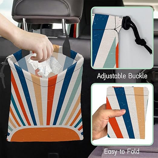 NHNXHWIA Retro Sunburst Car Garbage Bag,Colourful Sunrise Waterproof Small Car Trash Bag Hanging Back of Seat,Drawstring Hanging Car Trash Bag with Adjustable Buckle for Car Accessories