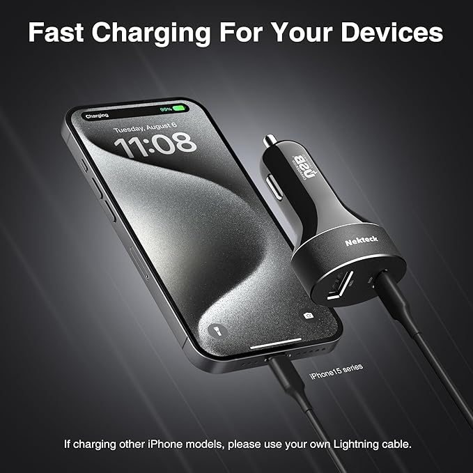 USB C Car Charger 45W, Nekteck USB-IF Certified Type C Fast Charger, 2-Port PowerIQ 3.0 Adapter with 3.3ft Cable, Compatible with iPhone 17/16 Pro/Max, Galaxy S24/S23, iPad Pro, Laptop and More