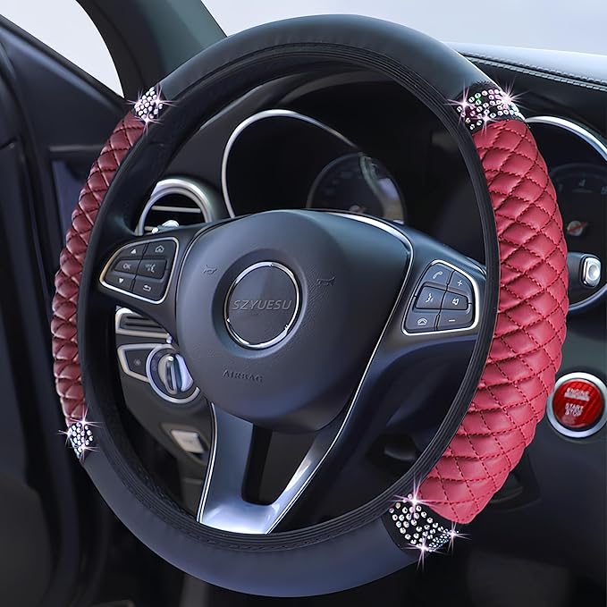 Bling Soft Leather Steering Wheel Cover 15 Inch with Sparkly Diamond Rhinestones for Women and Girls – Elastic Car Accessory for Most Cars (Wine Red)