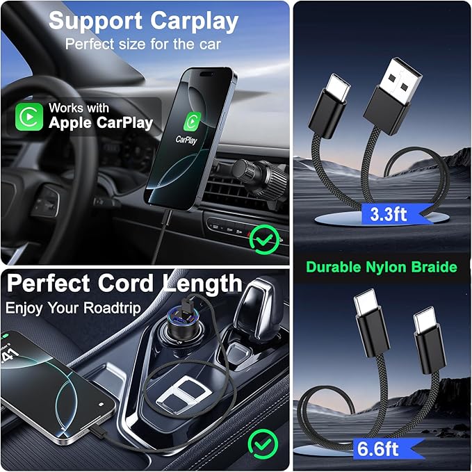 Car Charger USB C, 4-Port 65W USB C Car Charger Adapter Fast Charging Multi Port Cigarette Lighter Adapter with 2Pack USBC Cable, Type C Car Phone Charger for iPhone 17/16/15/14 Pro Max,iPad,Samsung
