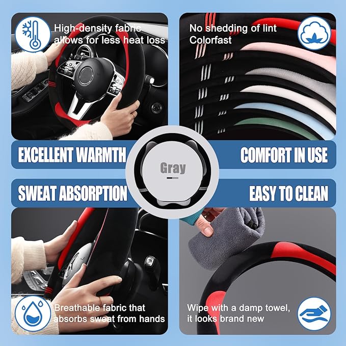 Furry Cute D Shaped Steering Wheel Cover, Soft Fluffy Short Plush Auto Accessories, Non-Slip Cold-Proof Sweat-Proof Colorfast, Universal 15 inch(Black with Gray)