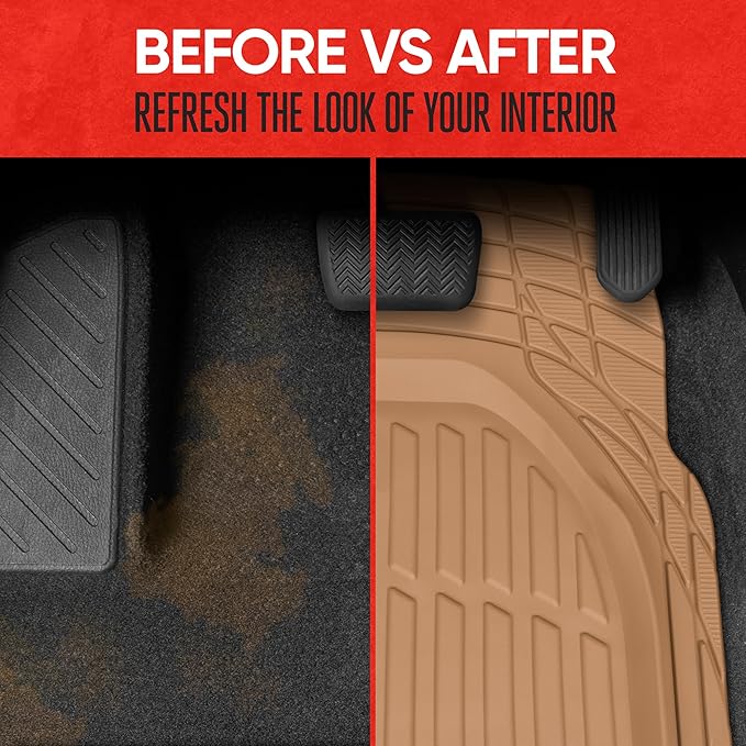 BDK Beige Heavy Duty Front & Rear Rubber Floor Mats Universal Liners for Car SUV Van & Truck, All Weather Protection with Anti-Slip Nibs, Fit Contours of Most Vehicles