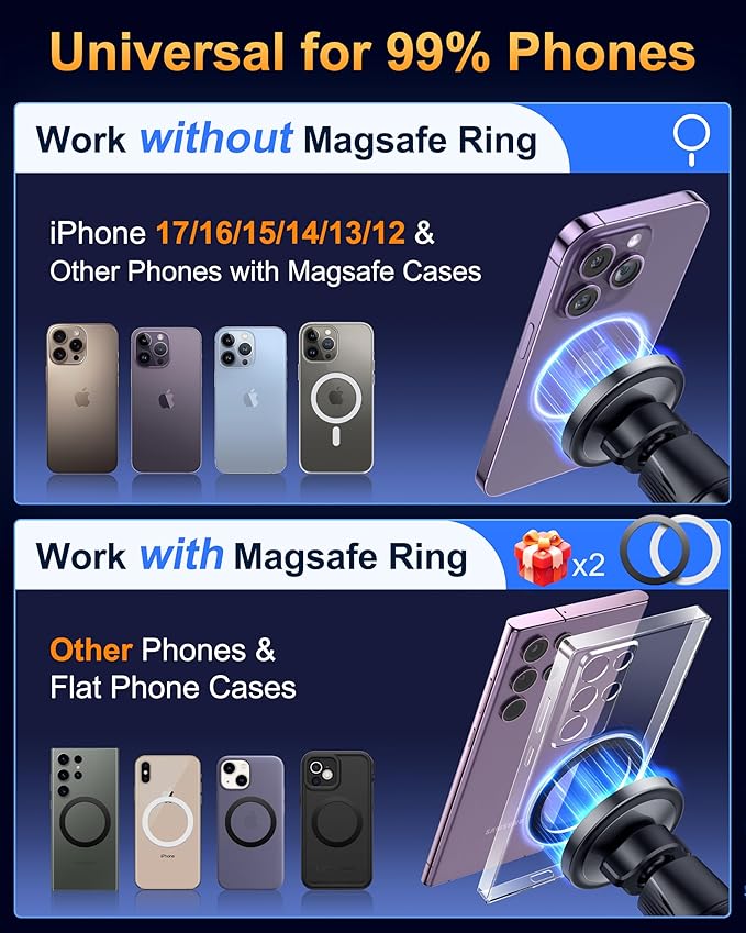 [2026 True Military-Grade] Magnetic Car Mount Vent [Upgraded Strongest Magnet & Metal Hook] for MagSafe Phone Holder Car for iPhone 17 16 15 14 13 Android【Patent & Safety Certs】, Non-Charging, Black