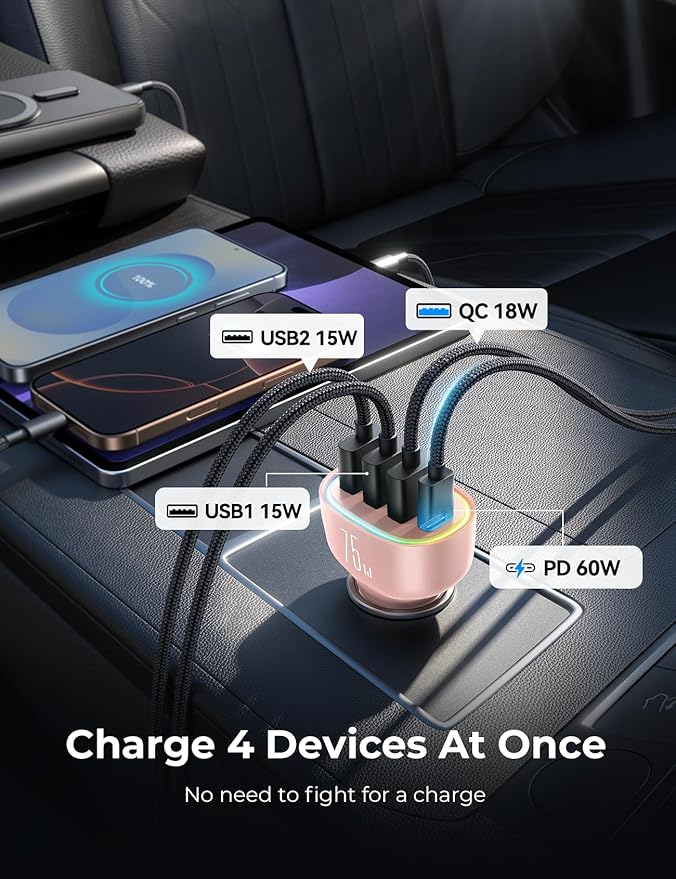 USB C Car Charger Cigarette Lighter Adapter 75W 4-Port Fast Car Charger Fast Charging Compatible with iPhone17/16/15/14/13 Series- Pink