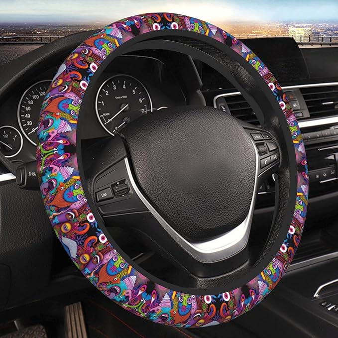 Visages Psychedelic Horror Monster Universal Fit Steering Wheel Cover for Car, Truck, and SUV, Durable Steering Wheel Protection