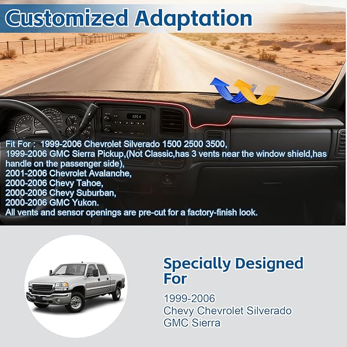 Dash Cover Compatible with GMC Sierra/Chevy Chevrolet Silverado 1999-2006, GMC Yukon XL/Chevy Suburban Tahoe Avalanche 2000-2006 Dashboard Cover Mat Non-Slip Pad Carpet Sunshield Protector