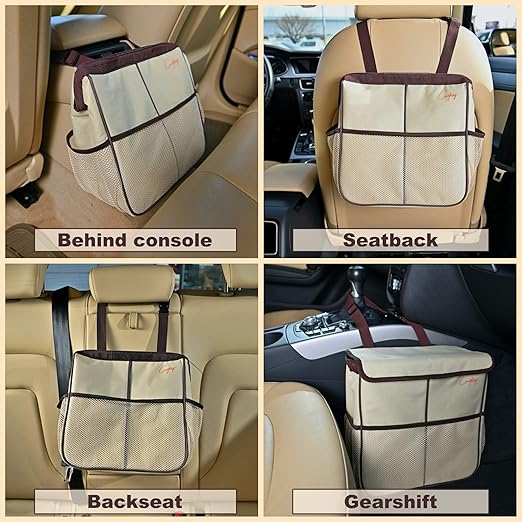 Creathing Leakproof Car Trash Can [3 Gal] Slim Design Garbage Bin– Universal Fit in Cars, Trucks, SUVs, for Floor, Console or Seat Hanging (Beige)