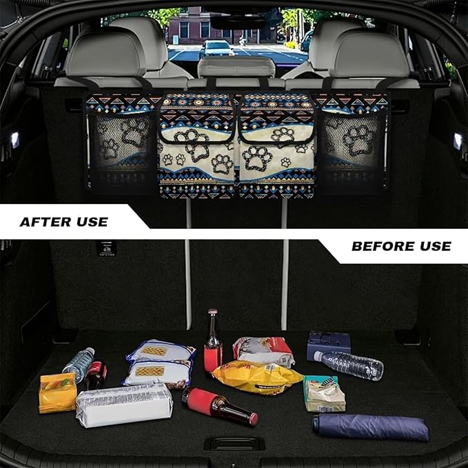 Dreaweet Aztec Car Trunk Organizer Storage Backseat Hanging Organizer Bag Dog Paw Print Car Storage Accessories Waterproof Collapsible Trunk Organizer for SUV Trucks Sedan Van