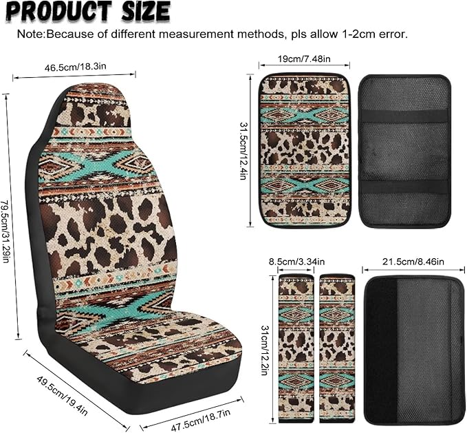 Psesaysky Brown Cow Aztec 5 Piece Car Accessories Set with 2 Seat Protectors 2 Seatbelt Pads and 1 Console Pad Water Resistant Universal Fit Truck SUV Protect Your Car Interior