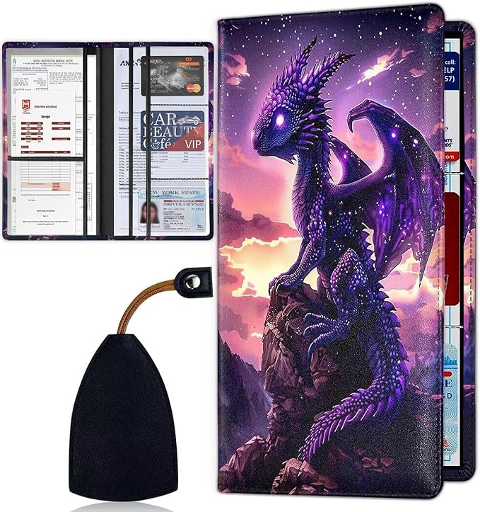 Car Registration and Insurance Card Holder for Women Men, Waterproof PU Leather Glove Box Car Organizer with Magnetic Shut, Vehicle Document Holder for Driver License,Cards, Cool Anime Dragon