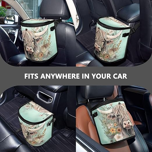 MNSRUU Car Trash Can with Lid, Highland Cow Flowers Car Trash Bag Hanging Organizers and Storage for Front Back Seat, Leak-Proof Trash Bin