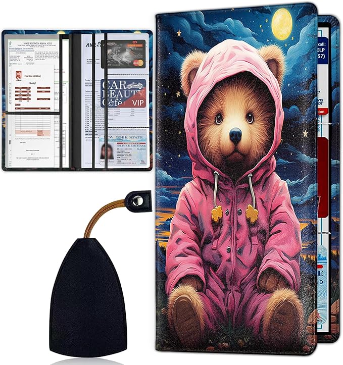 Car Document Holder with Magnetic Shut, Car Registration & Insurance Card Holder, PU Leather Glove Box Organizer Vehicle Accessories Driver License for Women/Men, Pink Baby Bear Under the Night Sky