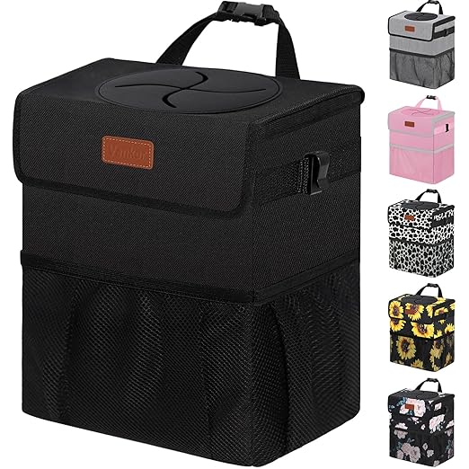 Vankor 3 Gallons Car Trash Can with Lid, Bag Bin Hanging Waterproof Automotive Car Garbage Cans Leak Proof Vehicle Trash Can Black