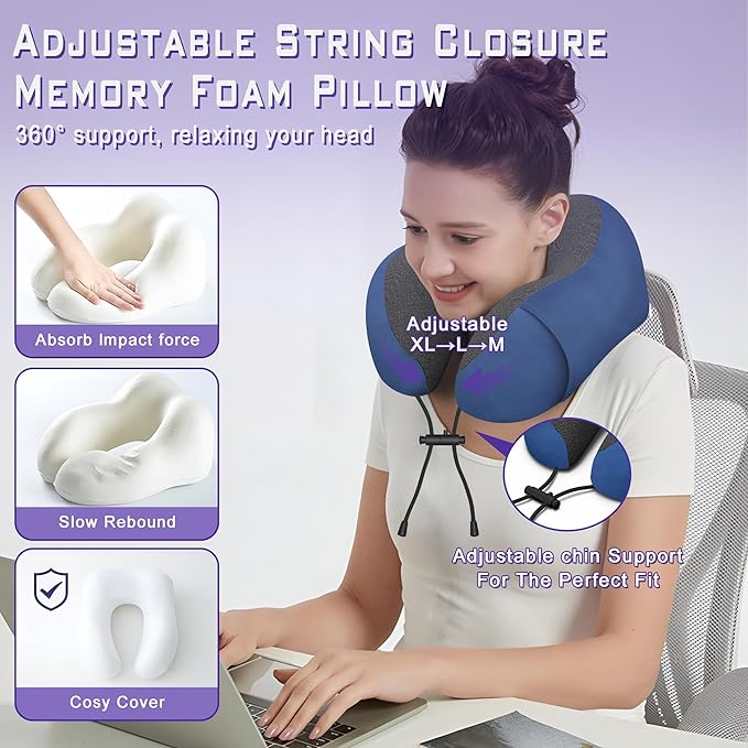 Phent zari Neck Travel Pillow, Upgraded Memory Foam Pillow for Airplane, Machine Washable, Adjustable Flight Pillow, Suitable for Sleeping Airplane, Car, Office and Home (Dark Blue)