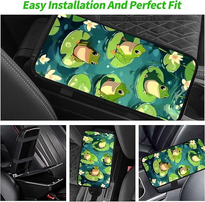 JANENFNA Car Armrest Cover Pads Universal Fashion Cute Auto Center Console Armrest Cover Pad with 2PCS Car Coasters Soft Waterproof Car Armrest Seat Protector for Women,Cute Frog on Lotus Leaf a