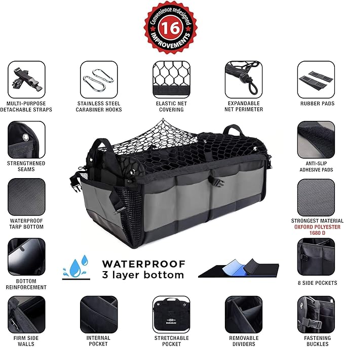 DURABLEZ Compact Car Trunk Organizer 2-Section – Grocery, Tools, Cleaning Supplies Storage – Foldable Dual-Compartment Cargo Bin with Cover Net – Gray