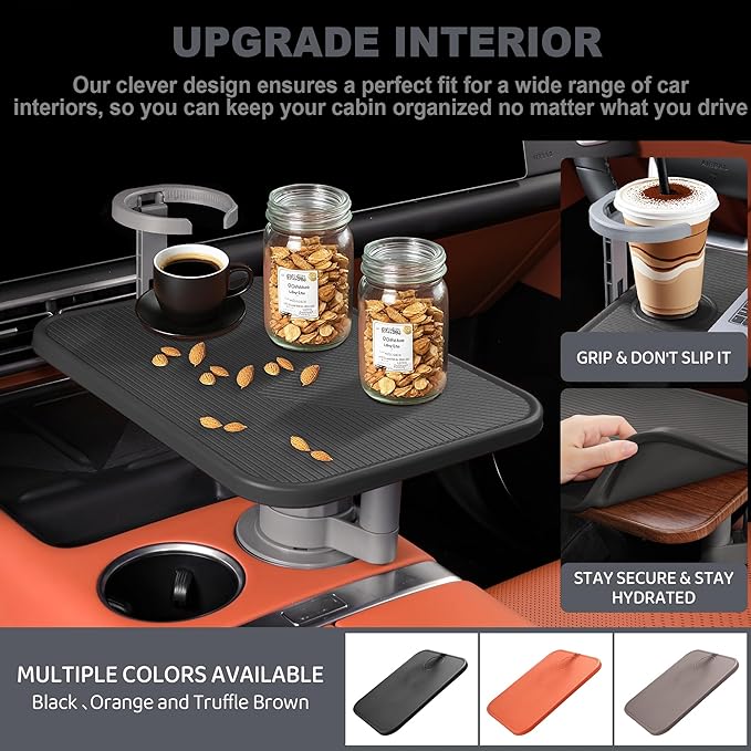 Car Table Tray & Laptop Desk for Car, 360° Rotating Wood Cup Holder Table, Aluminum Cantilever Laptop Mount for Vehicle, Steering Wheel Tray (Black)