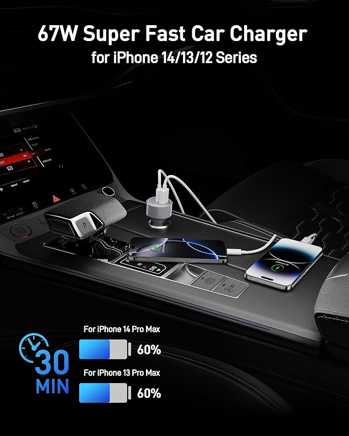 iPhone Car Charger Fast Charging, 67W 3-Port USB C Fast Car Charger Adapter Cigarette Lighter with 3FT USB-C to Lightning Cable Cord for iPhone 14 13 12 11 Pro Max SE XS Max Mini XR X 8 7 6 Plus, iPad