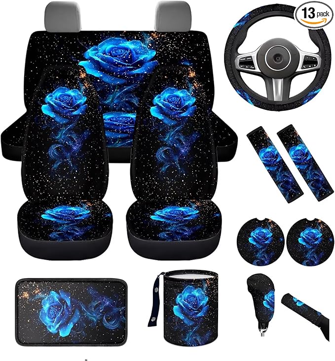 Dngkaoje 13 Pack Romantic Rose Car Seat Cover Full Set for Women Auto Interior Accessories Set with Blue Rose Leakproof Hanging Vehicle Trash Bin,Handbrake Shift Covers,Steering Wheel Covers
