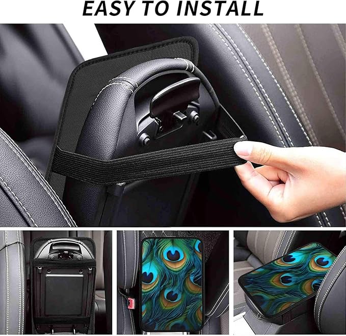 Peacock Feather Patterns Car Center Console Cover Universal Car Armrest Cover Waterproof Auto Armrest Seat Box Mat Protector Decoration Car Center Console Cushion Pad for Most Vehicle SUV Truck