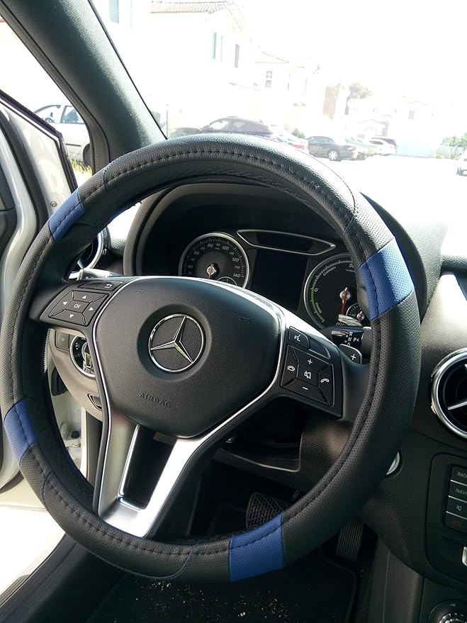 Jdragon Black & Blue PU Leather Best Grip Slip-On Steering Wheel Cover 14.25-15" Diameter