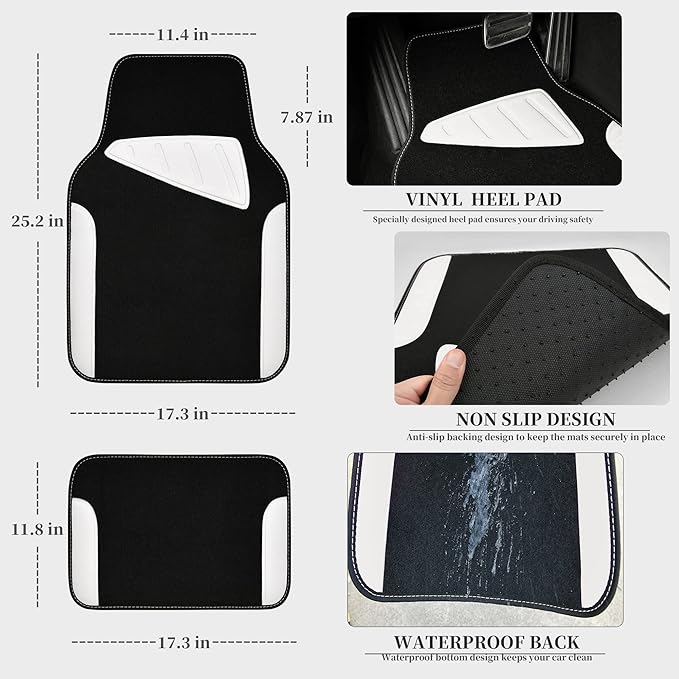 CAR PASS Waterproof Universal Fit Car Floor Mats, Car Mats Fit for SUV,Vans,sedans, Trucks,Set of 4pcs Car Carpet with Driver Heel Pad (White)