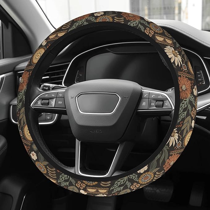 Cute Steering Wheel Cover for Women, Machine Washable Universal 14.5-15.5 inch Non-Slip Grip All Weather Use (Retro Floral)