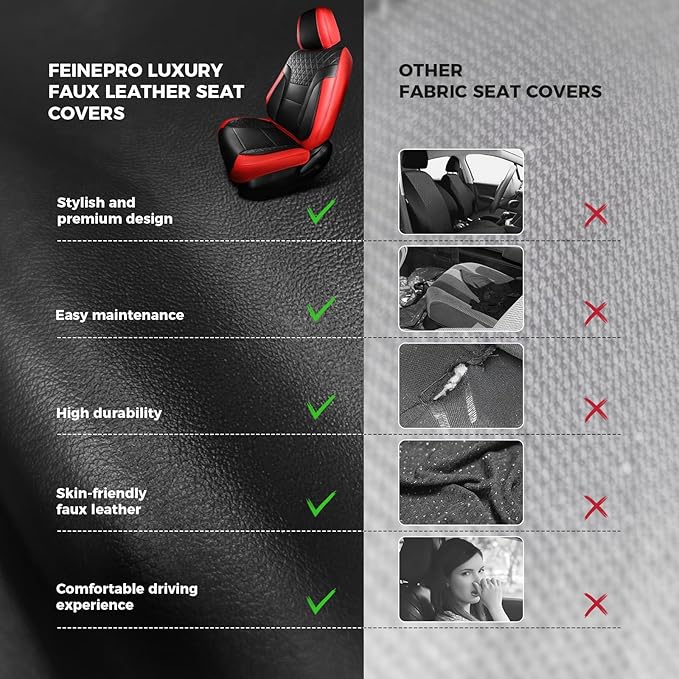 FEINEPRO Red and Black Car Seat Covers Only Front 2pc - Breathable Faux Leather Universal Seat Covers for Cars, Automotive Protector Fit for Most Sedan SUV Pick-up Truck