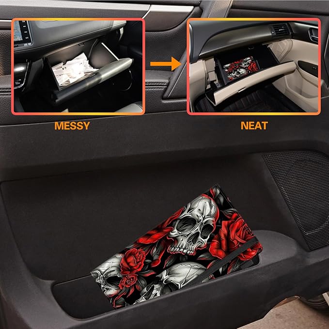 Decahouy Car Registration and Insurance Holder,Leather Vehicle Glove Box Organizer Wallet for Document,Perfect for any Car,Truck,Motorcycle,Driver License,Trailer or Boat,Men & Women,Skull Red Rose