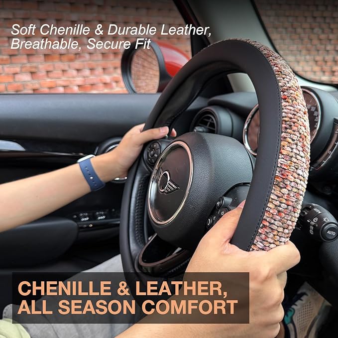 PINCTROT Large Size Chenille Leather Steering Wheel Cover, Soft Mottled Colors, Sweat-Proof, Non-Slip Grip, All-Season Comfort, 15.5-15.75 Inch(Mottled Red)
