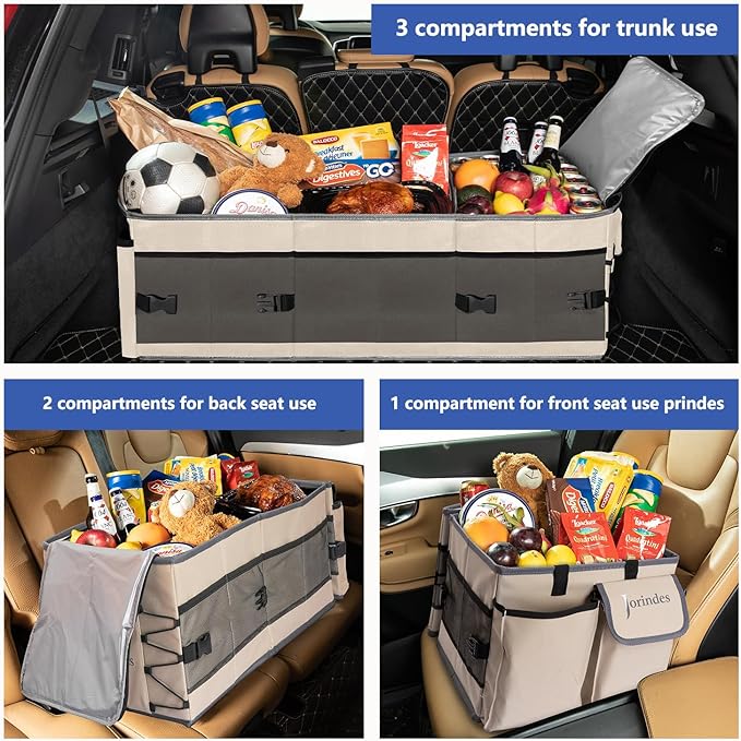 Trunk Organizer with Built-in Insulated Leak Proof Cooler Bag,Collapsible Cargo Organizer for SUV with Non Slip Bottom Strips,3 Large Compartments Foldable Waterproof Portable Car Storage Box