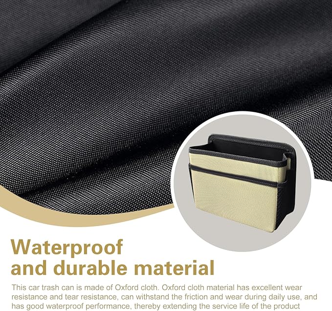 Collapsible Car Trash Can, Oxford Cloth Auto Trash Bin Hanging, Waterproof Automotive Interior Hanging Mini Dustbin Storage Bag Accessories for Vans, SUVs (Beige)