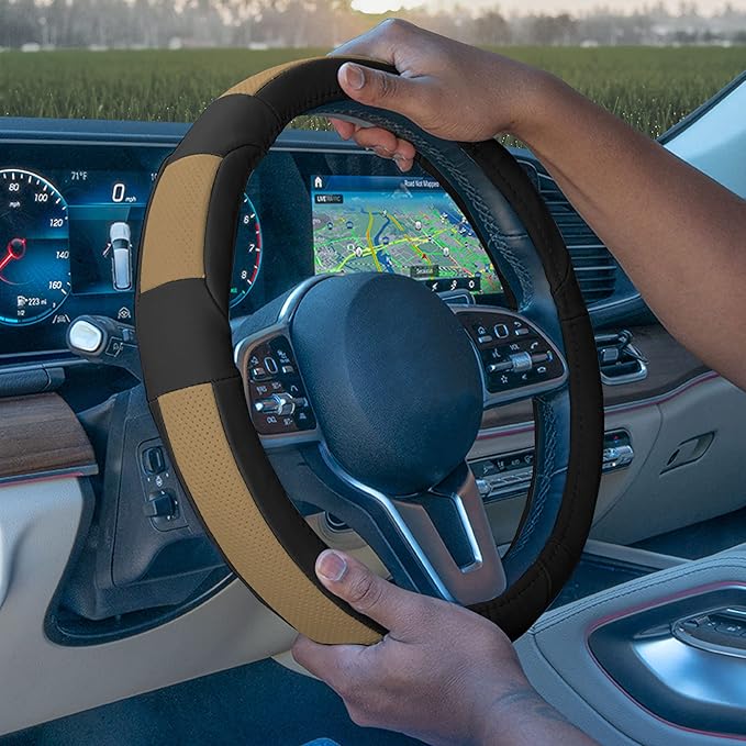 FH Group Universal Fit Deluxe Full Grain Authentic Leather Steering Wheel Cover Fits Most Cars, SUVs Beige Black