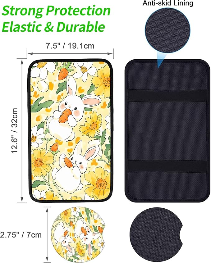 JANENFNA Car Armrest Cover Pads Universal Fashion Cute Auto Center Console Armrest Cover Pad with 2PCS Car Coasters Soft Waterproof Car Armrest Seat Protector for Women,Cute Rabbit