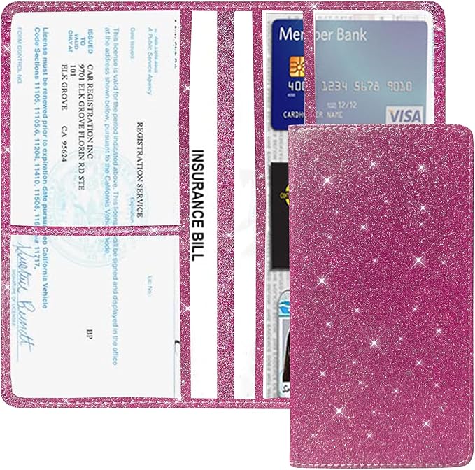 Vehicle Glove Box Car Organizer, Car Registration and Insurance Holder, Insurance Card Holder for Cars, Leather Card Holder Interior Auto Accessories for Women (Glitter-Red)