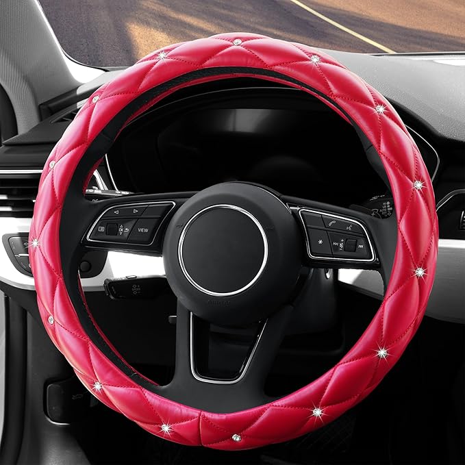 YOGURTCK Cute Diamond Soft Leather Anti-Slip Steering Wheel Cover with Bling Bling Crystal Rhinestones, Universal 15 Inch for Women Girls, Fit Vehicles, Sedans, SUVs, Vans, Trucks - Red