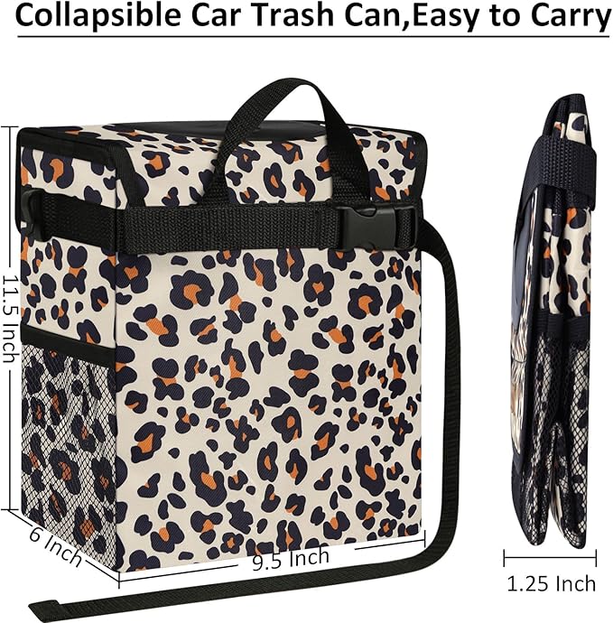 ELONGRIVER Car Trash Can Bin for Back Seat Leak Proof, Cute Car Trash Bag Hanging, Vehicle Trash Can for SUV Truck Van, Automotive Garbage Cans Front Seat Leopard Print