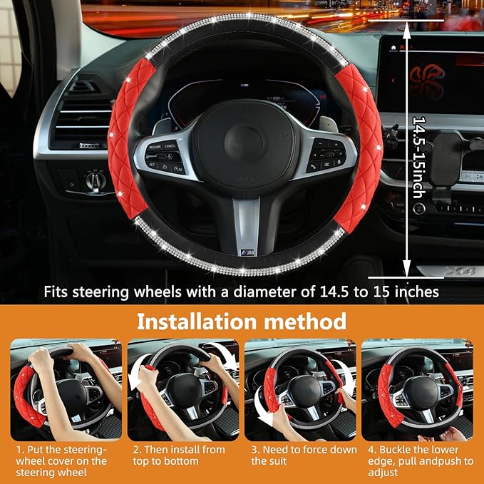 Diamond Steering Wheel Cover ，with Bling Crystal Rhinestone,Delicate and Anti-Slip Sparkly Sedan Steering Wheel Cover ，Adaptable to 14.5-15 inches Car Wheel Protector for Women Girl ，Black & Red