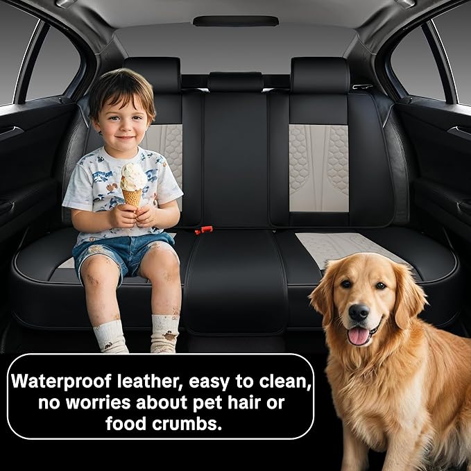 Wertigen Black and Grey PU Leather Car Seat Covers - Luxury Waterproof Car Seat Covers with Lumbar Support, Non-Slip Base, Airbag Compatibility, Easy Installation and Cleaning