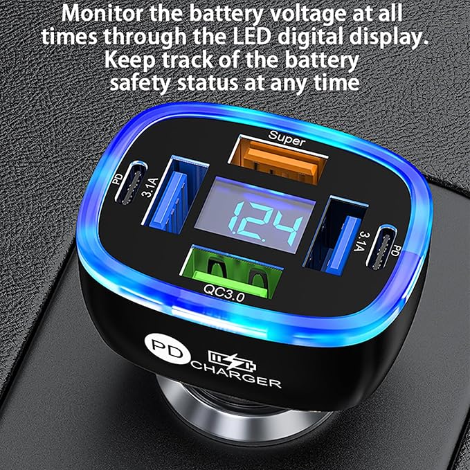 6-in-1 Multi-Function Car Charger with LED Digital Display, PD 3.1A & QC3.0 Super Fast Charging, Fire-Proof PC Body, Multi-Port USB/Type-C Car Adapter for iPhone Android Tablets Cars