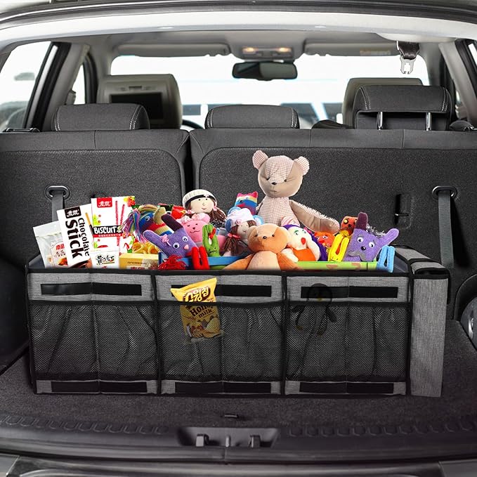 EAROND Collapsible Trunk Organizer with Insulated Leakproof Cooler Bag,Removable Lid,Adjustable Securing Straps,3 Compartments Trunk Organizer for SUV,Truck,Sedan(Light Grey)