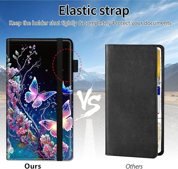 Qindaiwen Car Registration and Insurance Holder, Vehicle Card Document Elastic Band Closure Glove Box Organizer, Driver License Cards, Car Accessories for Essential Info, Colorful Butterfly