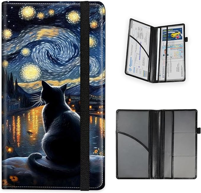 Tudguiloae Car Registration and Insurance Card Holder, Trunk Document Holder Organizer, Essential Vehicle Glove Box Organizer PU Leather Wallet for Driver,Starry Night Black Cat