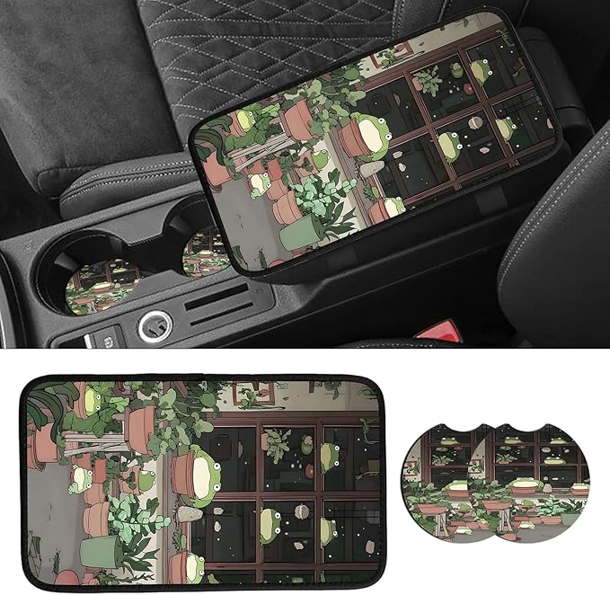 JANENFNA Car Armrest Cover Pads Universal Fashion Cute Auto Center Console Armrest Cover Pad with 2PCS Car Coasters Soft Waterproof Car Armrest Seat Protector for Women,Cute Green Frog